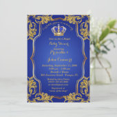 Invitation Petit Baby shower Prince Invitation, or, bleu (Debout devant)