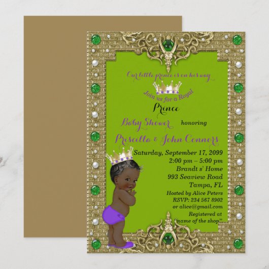 Invitation Petit Baby shower Prince Invitation, or, vert (Devant / Derrière)