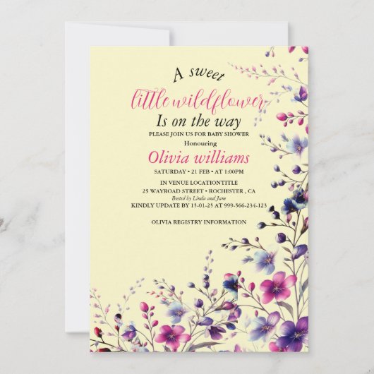 Invitation Petit baby shower rose fleur sauvage moderne (Devant)