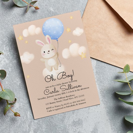 Invitation Petit Balloon Cute Brown Baby shower lapin
