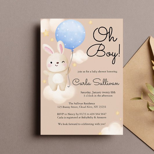 Invitation Petit Balloon Cute Brown Baby shower lapin
