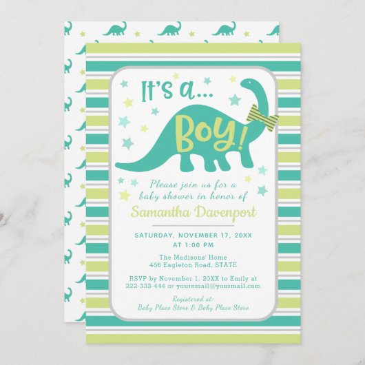 Invitation Petit Bébé Dinosaur Mention Douche Verte Invitatio (Devant / Derrière)