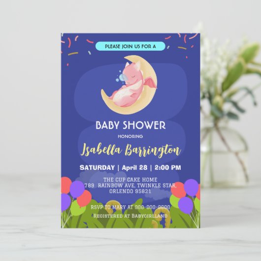 Invitation Petit bébé dragon dinosaure ballon fille baby show (Debout devant)