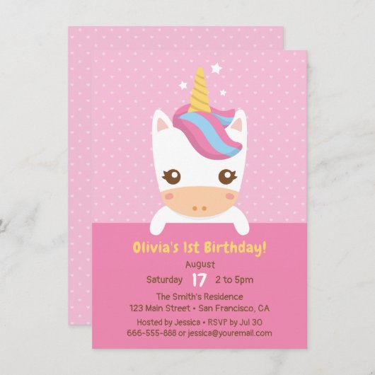 Invitation Petit Bébé mignon Unicorn Premier anniversaire fêt (Devant / Derrière)