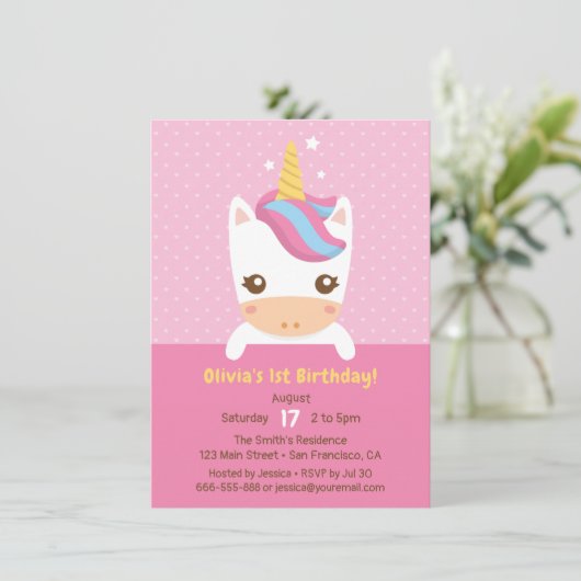 Invitation Petit Bébé mignon Unicorn Premier anniversaire fêt (Debout devant)