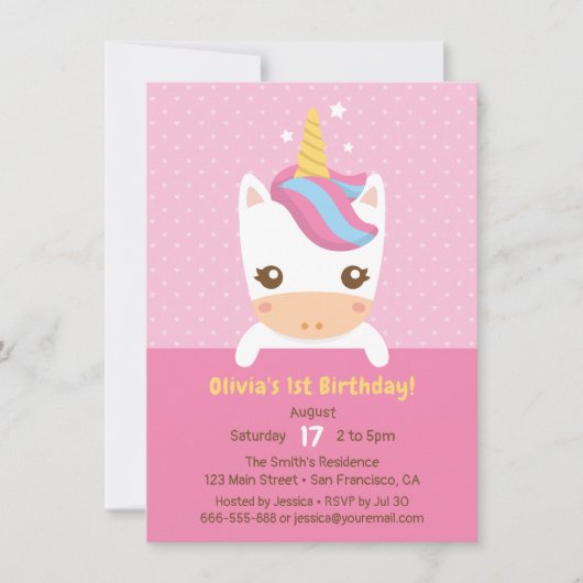 Invitation Petit Bébé mignon Unicorn Premier anniversaire fêt (Devant)