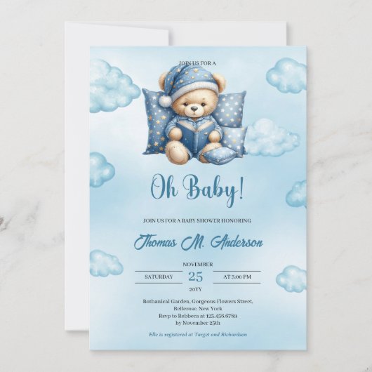 Invitation Petit bébé ours lisant un livre garçon Baby shower (Devant)