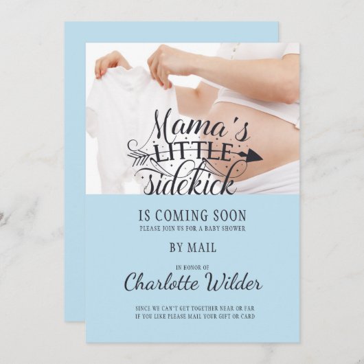 Invitation Petit Bébé Sidekick Bump Bleu Garçon Douche Par Co (Devant / Derrière)