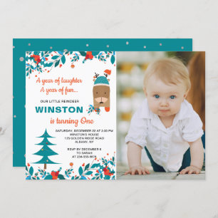 Invitation Petit Bleu Reindeer Noël Garçon Anniversaire Photo