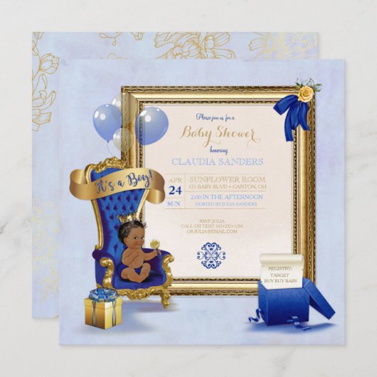 Invitation Petit bleu royal de prince Crown Gold de bébé (Devant / Derrière)