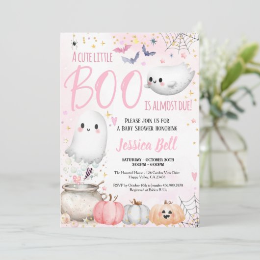 Invitation Petit Boo Halloween Baby shower fille rose (Debout devant)