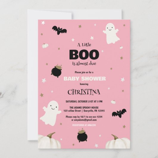Invitation Petit Boo Halloween Baby shower fille rose (Devant)