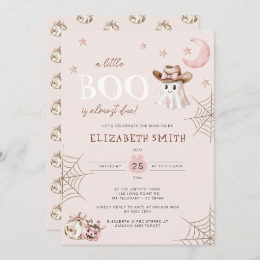 Invitation Petit Boo Halloween rose Presque Baby shower dû (Devant / Derrière)