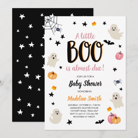 Invitation Petit Boo mignon Halloween Baby shower Fantôme ros (Devant / Derrière)