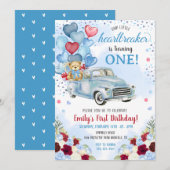 Invitation Petit brise-coeur Bleu Camion Ours Anniversaire (Devant / Derrière)