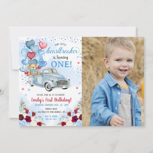 Invitation Petit brise-coeur Bleu Camion Ours Anniversaire Ph (Devant)