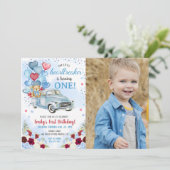 Invitation Petit brise-coeur Bleu Camion Ours Anniversaire Ph (Debout devant)