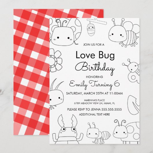 Invitation Petit Bug d'Amour Anniversaire Couleur (Devant / Derrière)