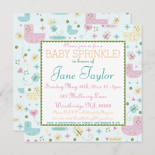 Invitation Petit Buggy Bébé saupoudrer (Devant / Derrière)