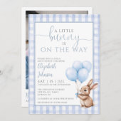 Invitation Petit Bunny Baby shower bleu photo QR Code (Devant / Derrière)