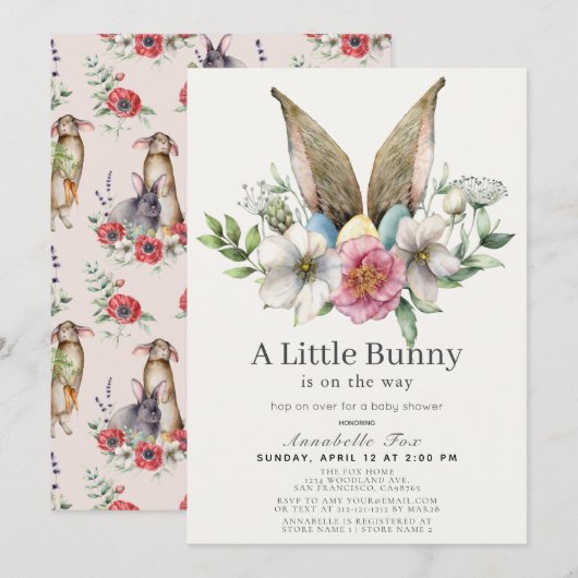 Invitation Petit Bunny Ear Floral Baby shower rose (Devant / Derrière)