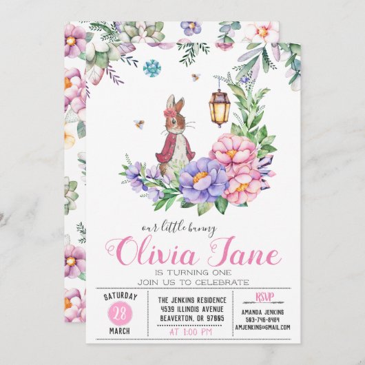 Invitation Petit Bunny Printemps Anniversaire (Devant / Derrière)