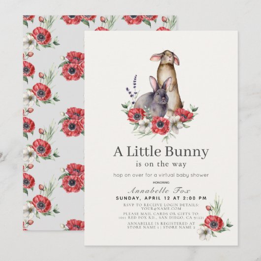 Invitation Petit Bunny Red Anemone Baby shower virtuel (Devant / Derrière)