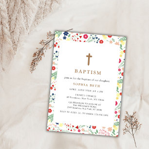 Invitation Petit cadre Fleur sauvage coloré Croix Baptême