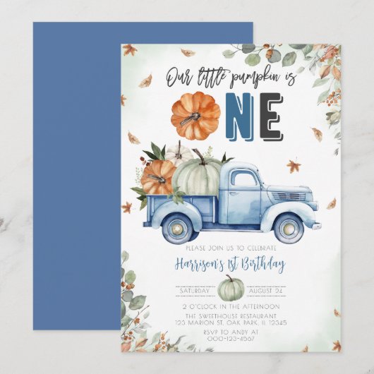 Invitation Petit Camion bleu Citrouille Premier anniversaire (Devant / Derrière)