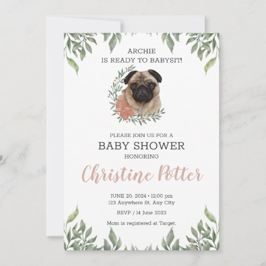Invitation Petit Carlin Chien Chien Chiot Verdure Garçon Baby (Devant)