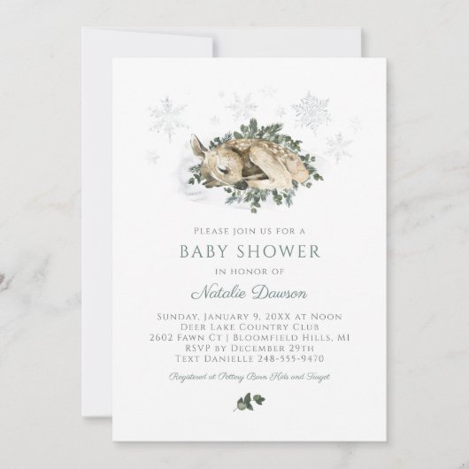 Invitation Petit cerf Baby shower de bois bleu et vert (Devant)