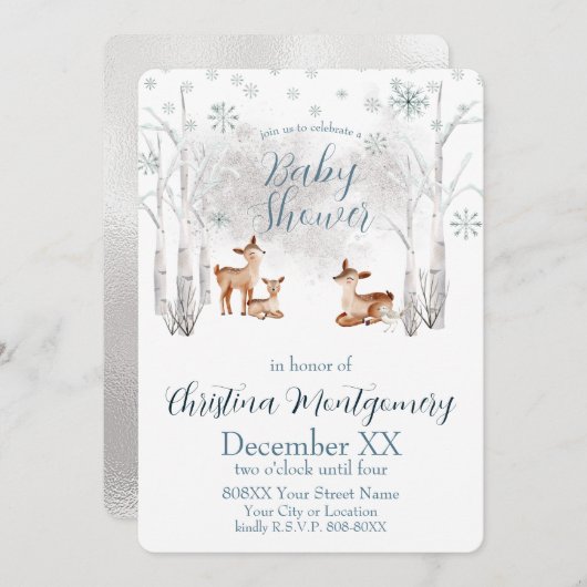 Invitation Petit cerf dans une forêt d'hiver de bois blanc (Devant / Derrière)