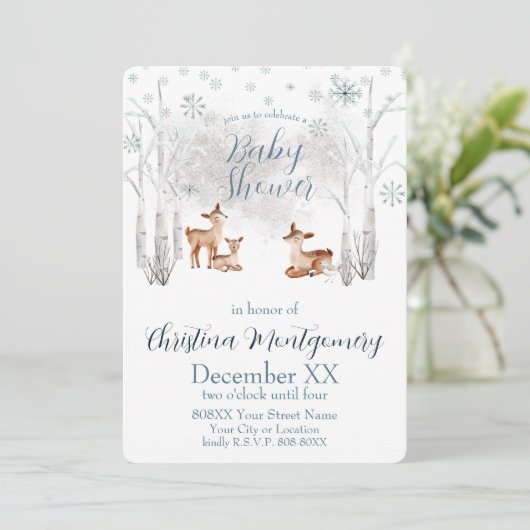 Invitation Petit cerf dans une forêt d'hiver de bois blanc (Debout devant)