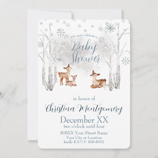 Invitation Petit cerf dans une forêt d'hiver de bois blanc (Devant)