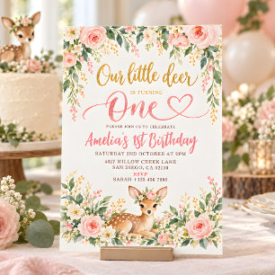 Invitation Petit Cerf Rose Floral 1er Anniversaire