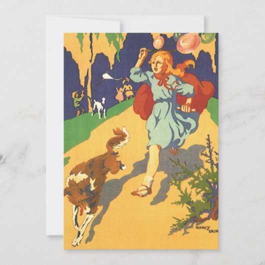 Invitation Petit chapeau rouge vintage, chien et ballons (Devant)