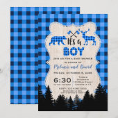 Invitation Petit Chasseur de bûcheron Baby shower bleu plaid (Devant / Derrière)
