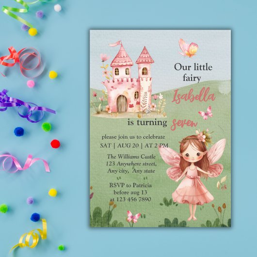 Invitation Petit Château Papillon Rose Fée Tout Âge
