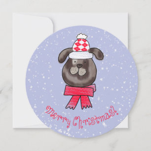 Invitation Petit chien de Noël portant un bonnet et une échar