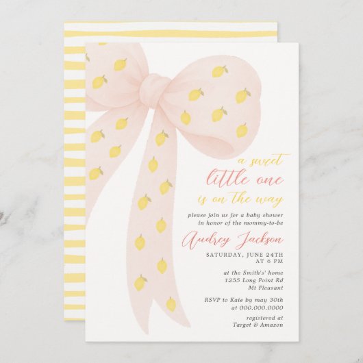 Invitation Petit citron doux Baby shower coquette rose (Devant / Derrière)