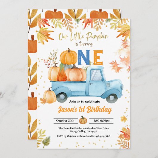 Invitation Petit Citrouille 1er anniversaire de fête Boy Blue (Devant / Derrière)