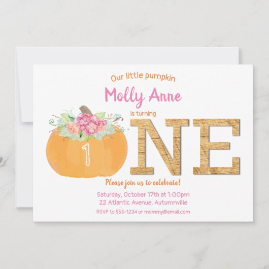 Invitation Petit Citrouille 1er anniversaire fille automne fl (Devant)