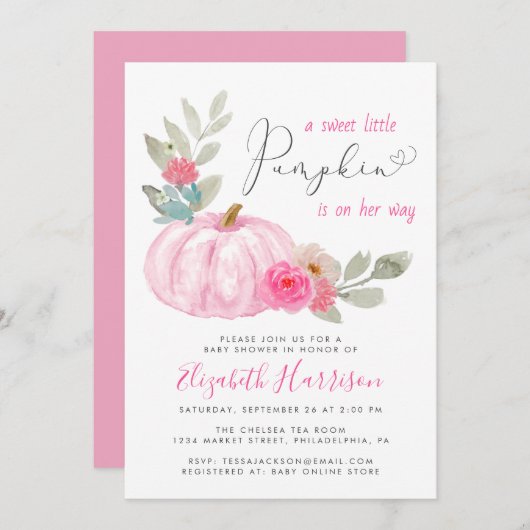 Invitation Petit Citrouille Aquarelle Bébé Fille Douche (Devant / Derrière)