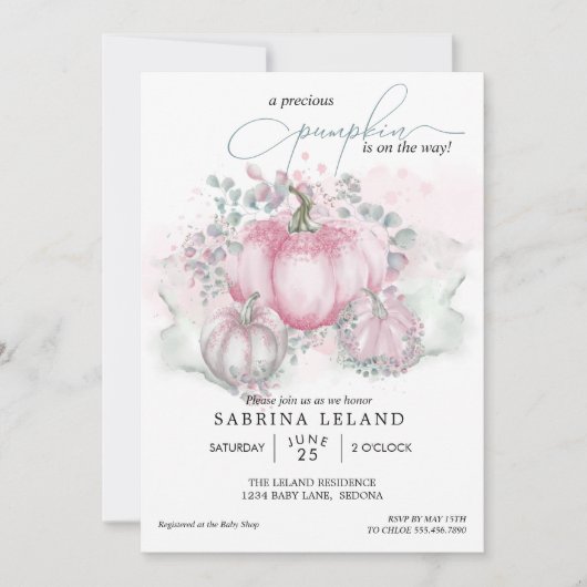 Invitation Petit Citrouille Aquarelle rose Baby shower fille (Devant)