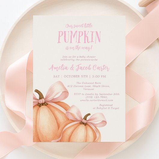 Invitation Petit Citrouille, arc rose, baby shower Coquette