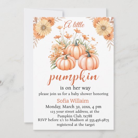 Invitation petit citrouille automne automne baby shower Invit (Devant)