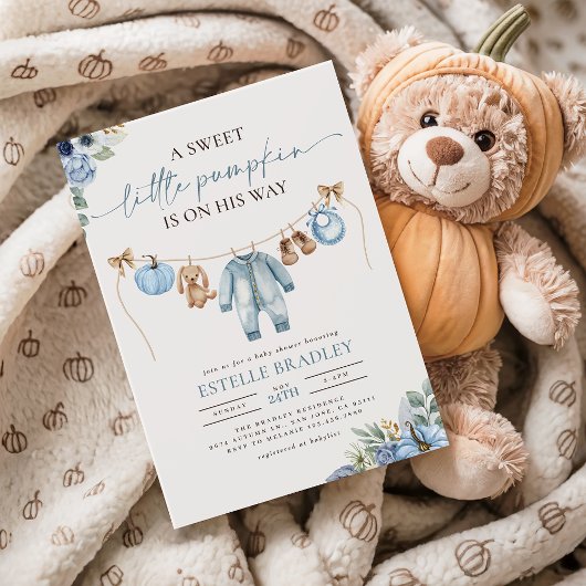 Invitation Petit Citrouille Automne Blue Floral Boy Baby show