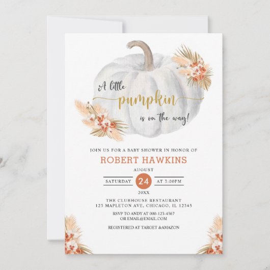 Invitation Petit Citrouille Automne Boho Pampas Baby shower e (Devant)