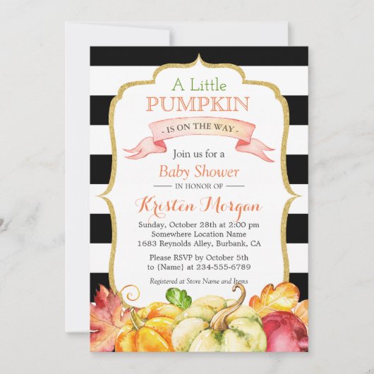 Invitation Petit Citrouille Automne Élégant Shower de Bébé d' (Devant)
