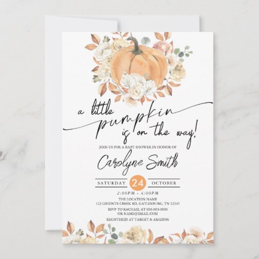 Invitation Petit Citrouille Automne Floral Baby shower d'auto (Devant)